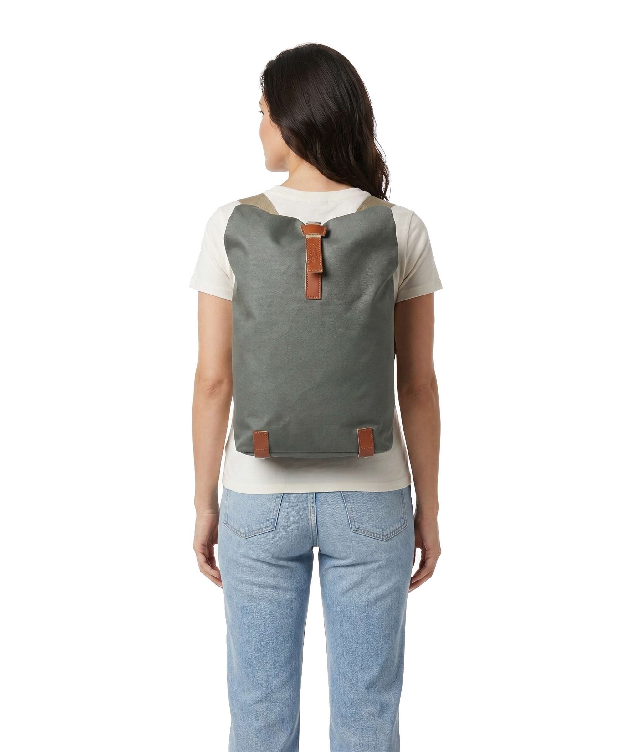 Brooks England Pickwick Cotton Canvas Small Rolltop backpack sage green/honey details