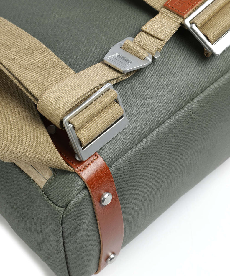 Brooks England Pickwick Cotton Canvas Large Rolltop backpack sage green/honey details